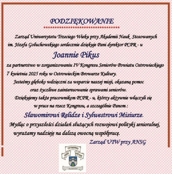 podziękowanie dla dyrektor PCPR u 2025 kopia